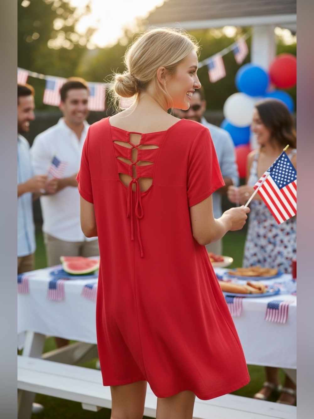 Nina Leonard Candy Apple Red Lace-Up Back Fit & Flare Dress – Small